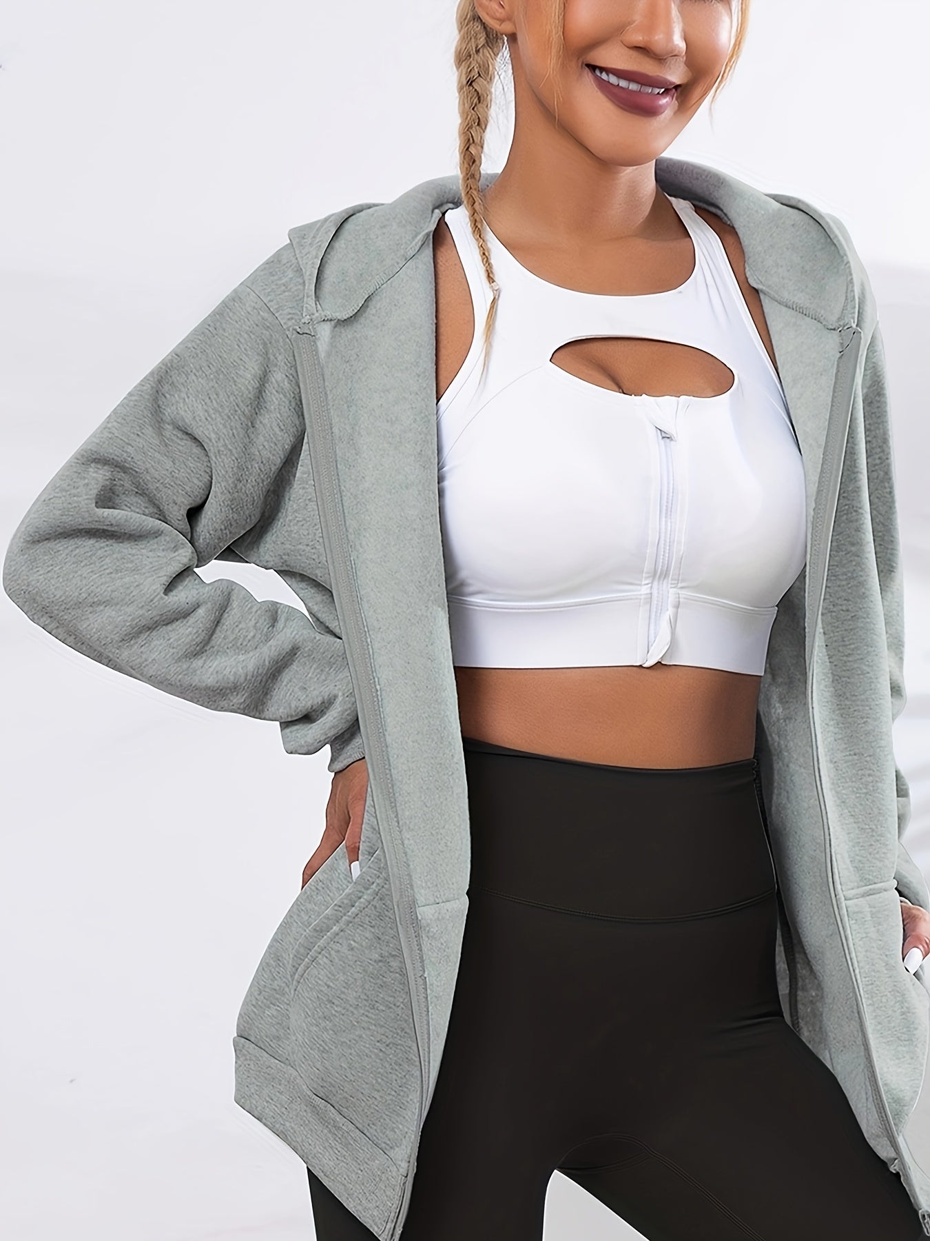 Solid Zip Up Pocket Hoodie, Casual Long Sleeve Hoodies Sweatshirt, Women's Clothing