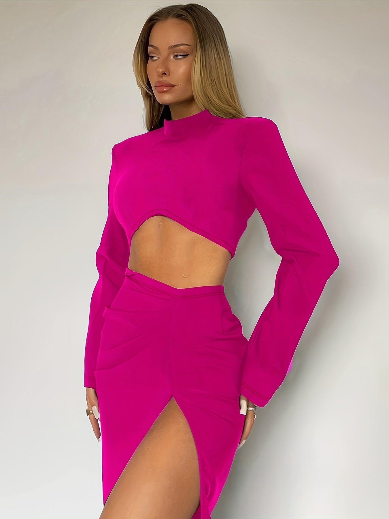 Sexy Solid Slim Two-piece Skirt Set, Crop Mock Neck Top & High Split Pleated Skirt Outfits, Women's Clothing