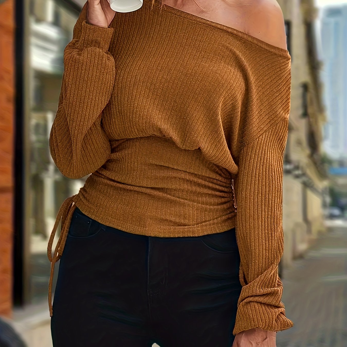 vlovelaw  Solid Boat Neck Knit Sweater, Casual Drawstring Side Long Sleeve Sweater, Women's Clothing