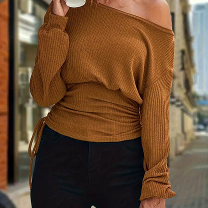 vlovelaw  Solid Boat Neck Knit Sweater, Casual Drawstring Side Long Sleeve Sweater, Women's Clothing