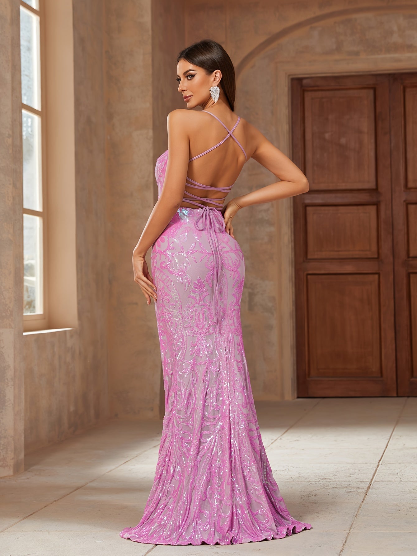 vlovelaw  Sequin Spaghetti Strap Dress, Elegant Backless Split Thigh Evening Dress For Party & Banquet, Women's Clothing