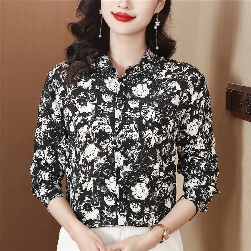 Ribbon Bow Women Silk Print Shirt Polka Dot Long Sleeve Button Up Blouses Office Ladies Casual Shirts Spring Autumn Designer Blouse Fine Elegant Tops Woman
