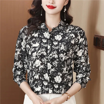 Ribbon Bow Women Silk Print Shirt Polka Dot Long Sleeve Button Up Blouses Office Ladies Casual Shirts Spring Autumn Designer Blouse Fine Elegant Tops Woman