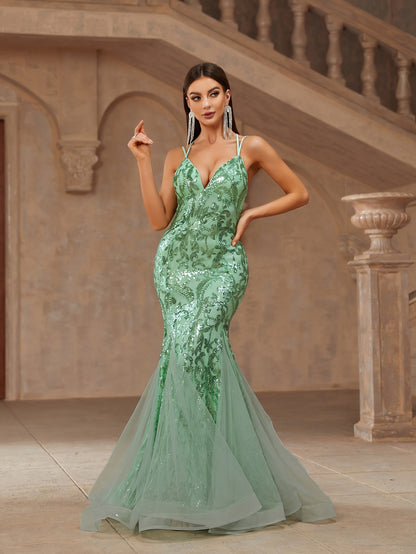 vlovelaw  Sequin Spaghetti Strap Dress, Elegant Backless Flared Cut Evening Dress For Party & Banquet, Women's Clothing