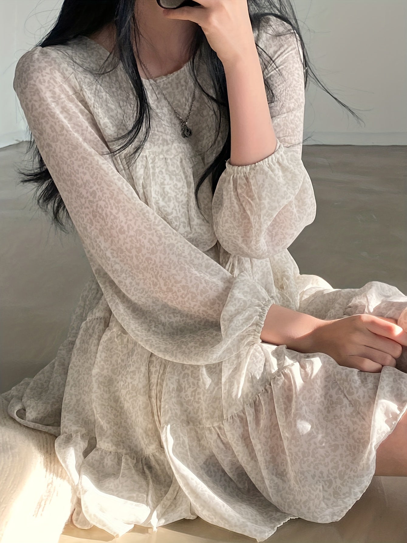 vlovelaw Allover Print Tie Waist Dress, Elegant Crew Neck Ruffle Hem Dress For Spring & Fall, Women's Clothing