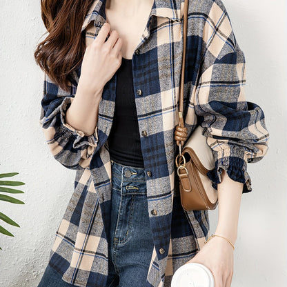 vlovelaw  Plaid Print Button Front Blouse, Casual Long Sleeve Blouse For Spring & Fall, Women's Clothing