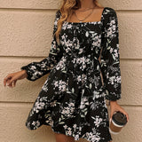 Floral Print Drawstring Square Neck Dress, Casual Long Sleeve Dress For Spring & Summer, Women's Clothing
