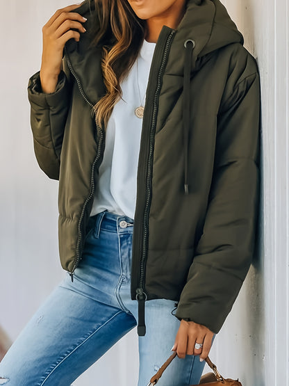 Zip Up Drawstring Coat, Casual Long Sleeve Hooded Winter Outerwear, Women's Clothing