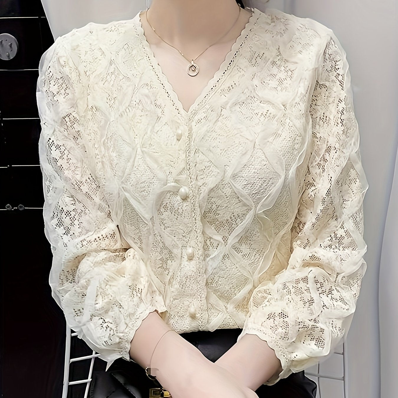 vlovelaw  Lace V Neck Button Front Blouse, Elegant Long Sleeve Blouse For Spring & Fall, Women's Clothing