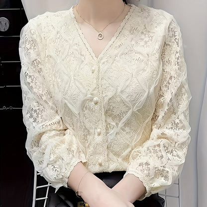vlovelaw  Lace V Neck Button Front Blouse, Elegant Long Sleeve Blouse For Spring & Fall, Women's Clothing