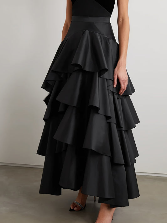 vlovelaw Layered Ruffle Asymmetrical Hem Skirt, Elegant High Waist Skirt For Fall & Winter, Women's Clothing