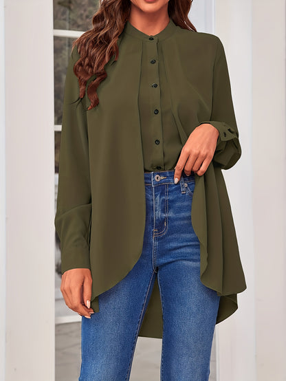 vlovelaw  Solid Button Front Shirt, Casual Crew Neck Cuff Sleeve Shirt For Spring & Fall, Women's Clothing