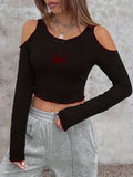 vlovelaw Spider Print Cold Shoulder Tee, Y2K Contrast Trim Long Sleeve Crop Top, Women's Clothing
