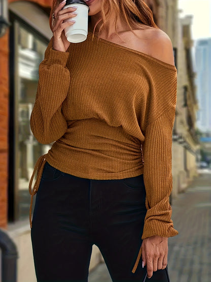 vlovelaw  Solid Boat Neck Knit Sweater, Casual Drawstring Side Long Sleeve Sweater, Women's Clothing