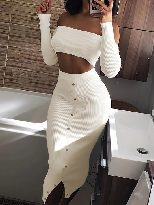 vlovelaw  Solid Color Two-piece Skirt Set, Off Shoulder Long Sleeve Crop Top & Button Decor Split Skirt Outfits, Women's Clothing