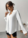 vlovelaw  Solid Turndown Collar Blouse, Casual Long Sleeve Blouse For Spring & Fall, Women's Clothing