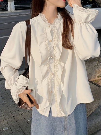 vlovelaw  Contrast Lace Ruffle Decor Blouse, Chic Button Front Long Sleeve Blouse, Women's Clothing