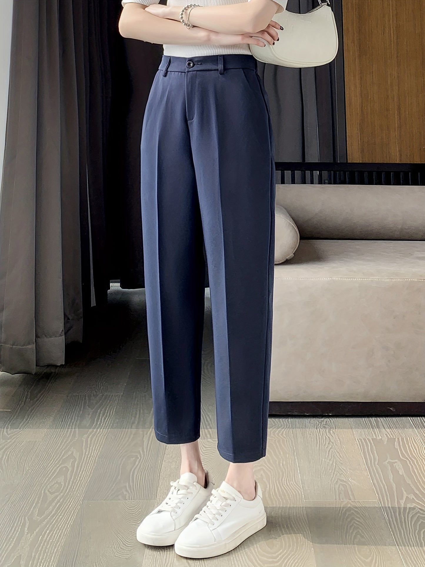 vlovelaw  Solid Cropped Tailored Pants, Casual Back Elastic Waist Pants, Women's Clothing