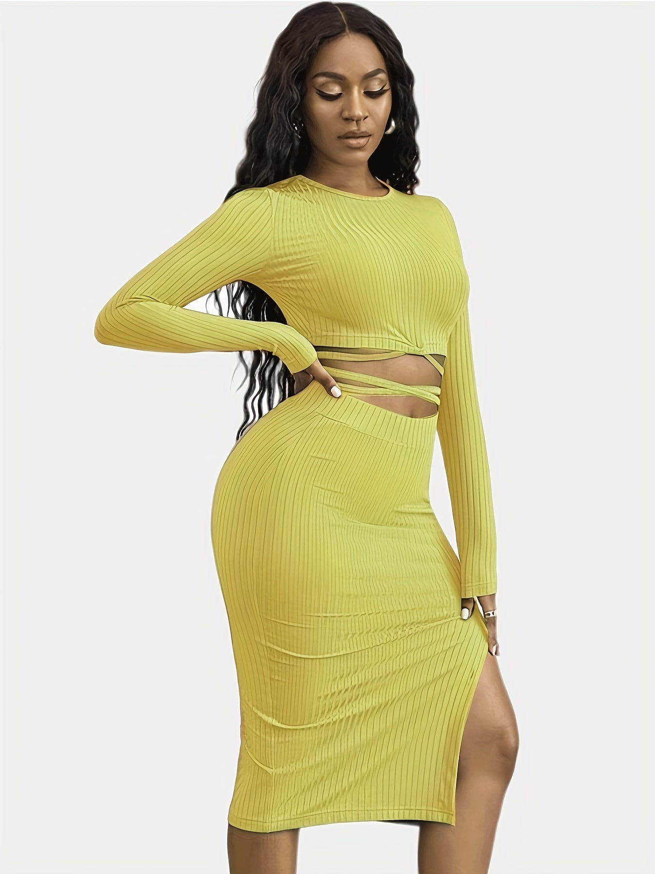 Solid Casual Two-piece Set, Tie Back Cropped Tops & Bag Hip Split Skirts Outfits, Women's Clothing