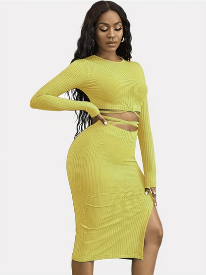 Solid Casual Two-piece Set, Tie Back Cropped Tops & Bag Hip Split Skirts Outfits, Women's Clothing