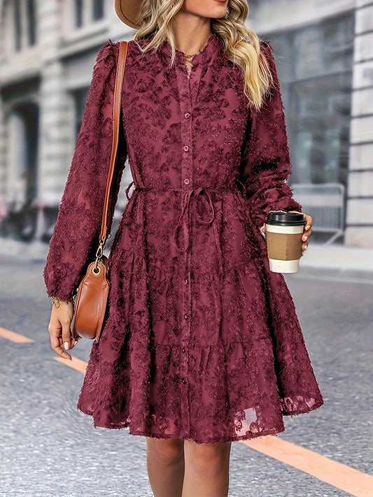 vlovelaw Solid Floral Jacquard Dress, Elegant Button Front Long Sleeve Dress, Women's Clothing