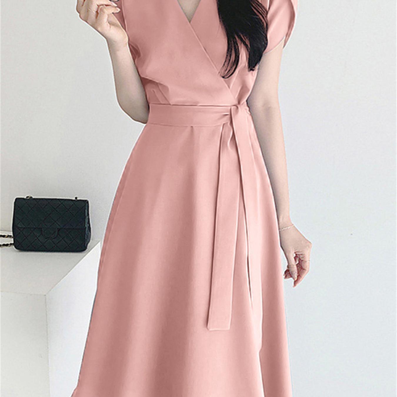 Belted Surplice Neck Solid Dress, Elegant Short Sleeve A-line Dress, Women's Clothing