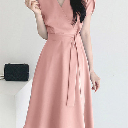 Belted Surplice Neck Solid Dress, Elegant Short Sleeve A-line Dress, Women's Clothing