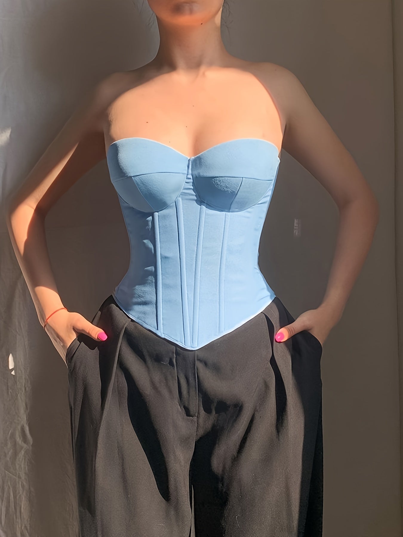 vlovelaw  Sweetheart Neck Corset Top, Stylish Solid Color Strapless Top, Women's Clothing