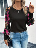 vlovelaw  Floral Print Splicing Blouse, Casual Crew Neck Long Sleeve Blouse, Women's Clothing