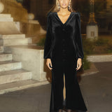 Button Front V Neck Dress, Elegant Solid Long Sleeve Party Dress, Women's Clothing