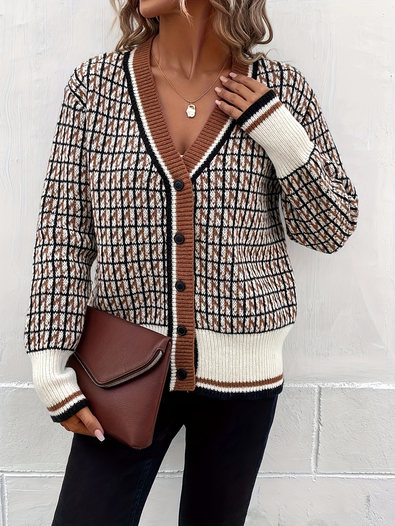 xieyinshe  Plaid Pattern Button Knit Cardigan, Vintage V Neck Long Sleeve Sweater, Women's Clothing