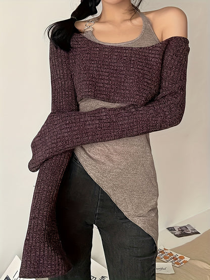 vlovelaw  Halter Neck Layered T-Shirt, Y2K Asymmetric Hem Long Sleeve Top, Women's Clothing
