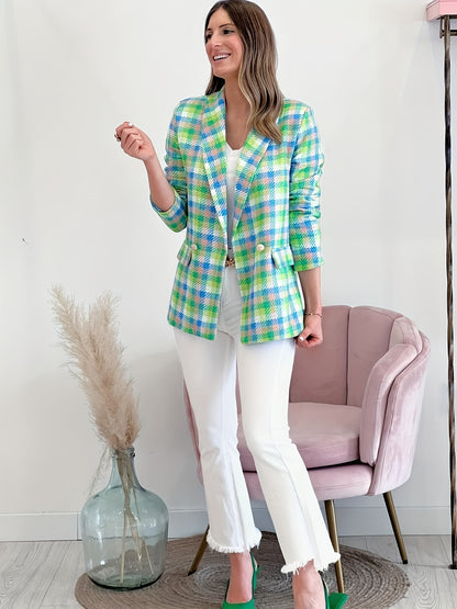 Plaid Pattern Open Front Blazer, Casual Long Sleeve Slim Blazer, Women's Clothing