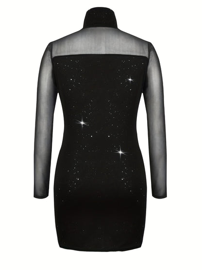Sheer Splicing Dress, Sexy Solid High Collar Long Sleeve Bodycon Evening Dress, Women's Clothing