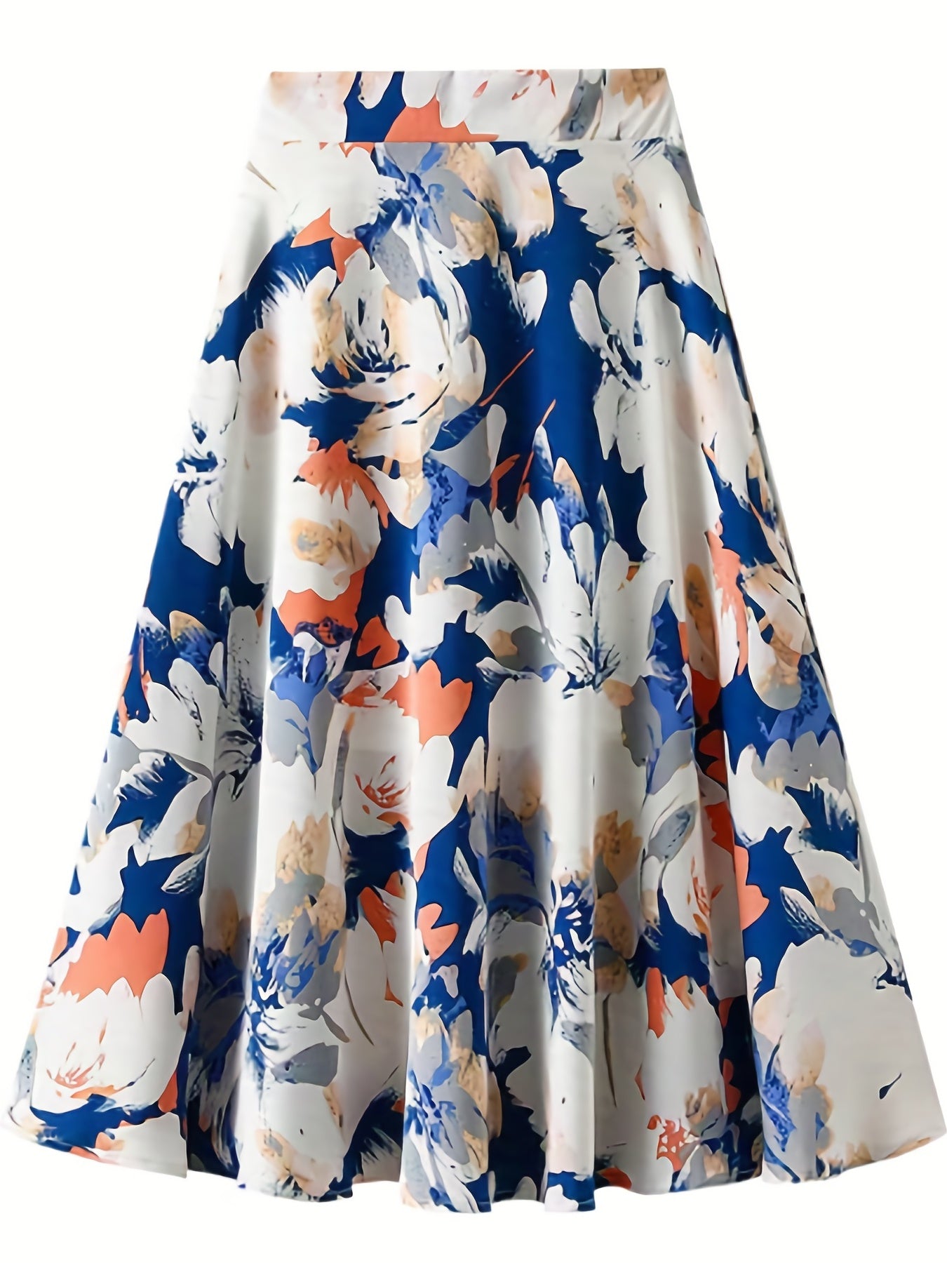 Plus Size Elegant Skirt, Women's Plus Floral Print Elastic High Rise Swing A-line Maxi Skirt