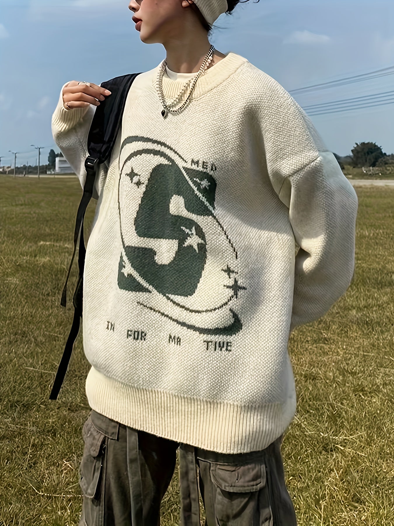 vlovelaw  Letter Pattern Crew Neck Pullover Sweater, Casual Long Sleeve Loose Sweater, Women's Clothing