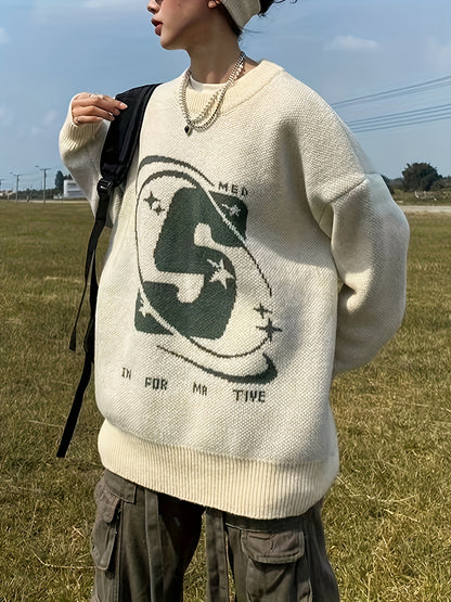 vlovelaw  Letter Pattern Crew Neck Pullover Sweater, Casual Long Sleeve Loose Sweater, Women's Clothing