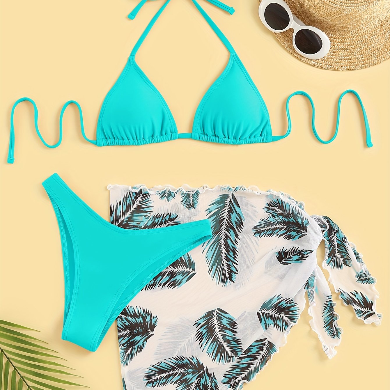 Three-Piece Bikini Set - Flattering Halter Neck Design, Ultra Quick-Drying Technology, Comfortable Four-Way Stretch Fabric - Designed for Women, Vibrant Feather Print Pattern, Matching Cover Up Skirt, Perfect for Beachwear and Poolside Fashion