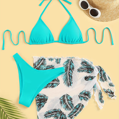 Three-Piece Bikini Set - Flattering Halter Neck Design, Ultra Quick-Drying Technology, Comfortable Four-Way Stretch Fabric - Designed for Women, Vibrant Feather Print Pattern, Matching Cover Up Skirt, Perfect for Beachwear and Poolside Fashion