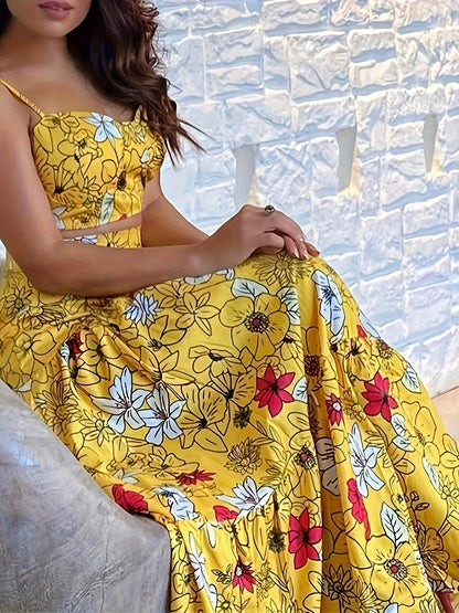 vlovelaw  Floral Print Two-piece Skirt Set, Crop Cami Top & Maxi Length A-line Skirt Outfits, Women's Clothing