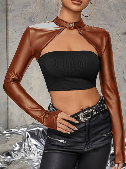 vlovelaw Solid Faux Leather Crop Top, Vintage Long Sleeve Crop Top For Spring & Fall, Women's Clothing