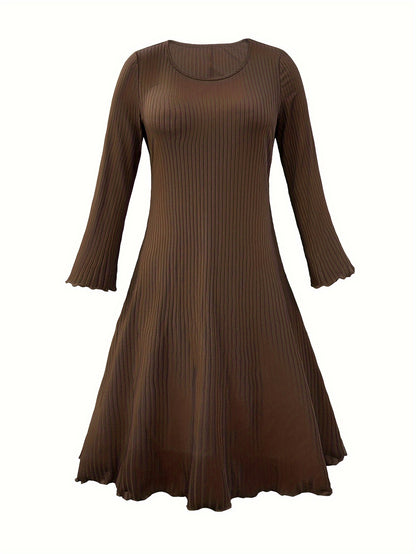 vlovelaw Plus Size Basic Dress, Women's Plus Solid Ribbed Bell Sleeve Round Neck Slight Stretch Dress