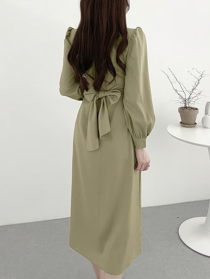 vlovelaw  Cross Front Lapel Dress, Elegant Long Sleeve Tie Back Dress For Spring & Fall, Women's Clothing