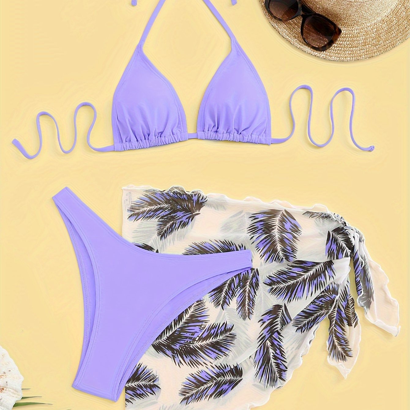 Three-Piece Bikini Set - Flattering Halter Neck Design, Ultra Quick-Drying Technology, Comfortable Four-Way Stretch Fabric - Designed for Women, Vibrant Feather Print Pattern, Matching Cover Up Skirt, Perfect for Beachwear and Poolside Fashion
