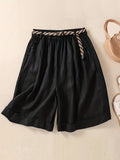 vlovelaw  Slant Pockets Belted Rolled Shorts, Casual Button Decor Loose Shorts For Spring & Summer, Women's Clothing