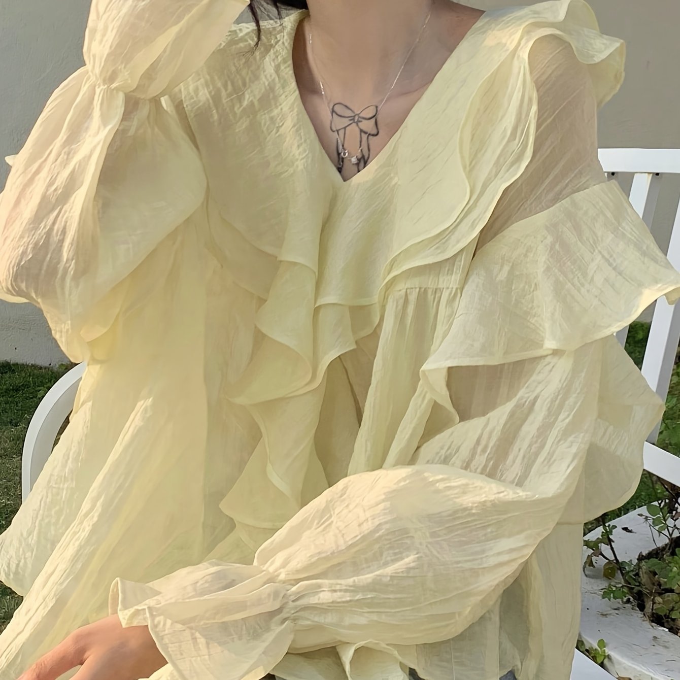 vlovelaw Solid Ruffle Trim Blouse, Casual Long Sleeve V-neck Blouse For Spring & Fall, Women's Clothing