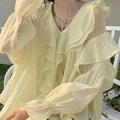 vlovelaw Solid Ruffle Trim Blouse, Casual Long Sleeve V-neck Blouse For Spring & Fall, Women's Clothing