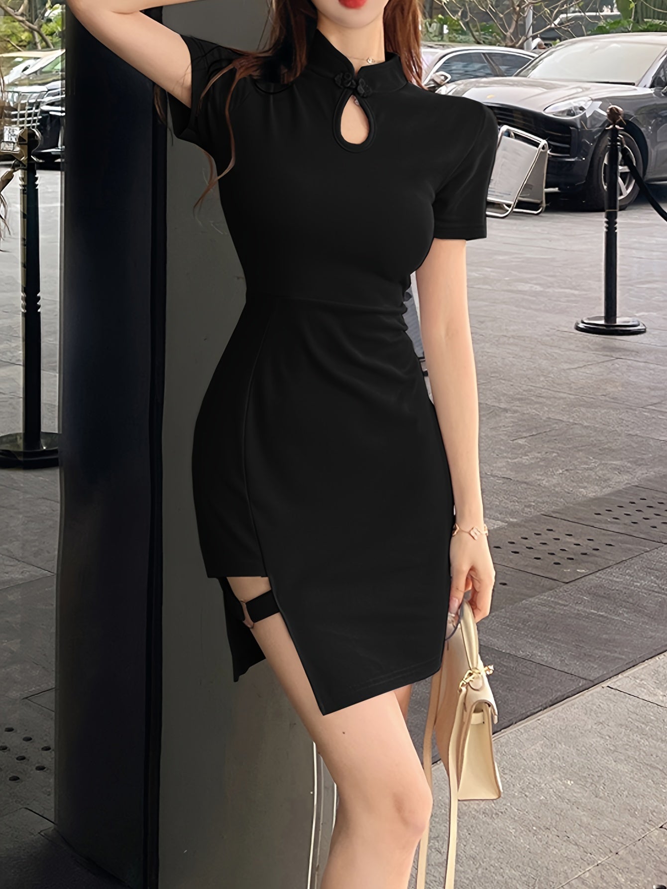 vlovelaw  Solid Frog Button Asymmetrical Dress, Vintage Short Sleeve Cut Out Mandarin Collar Dress For Spring & Summer, Women's Clothing