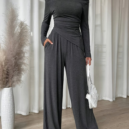 vlovelaw  Solid Color Spring Casual Two-piece Set, Off Shoulder Asymmetrical Hem Long Sleeve Top & Wide Leg Pants With Pockets Outfits, Women's Clothing
