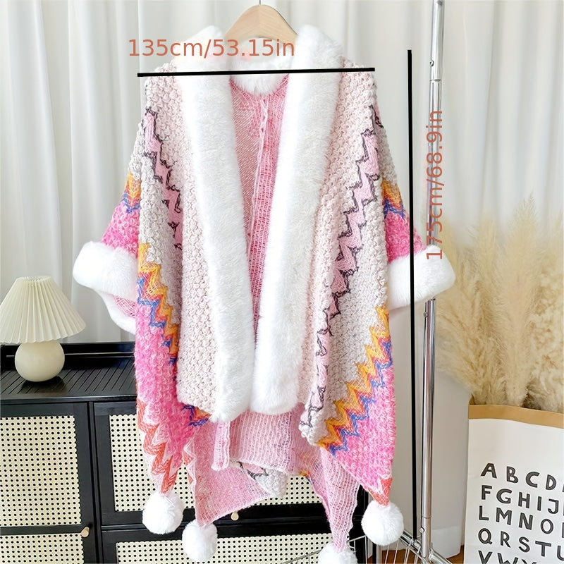 Personality Multicolor Wave Stripes Cardigan Poncho Vintage Faux Fur Collar Hairball Tassel Shawl Autumn Winter Thickened Warm Cape